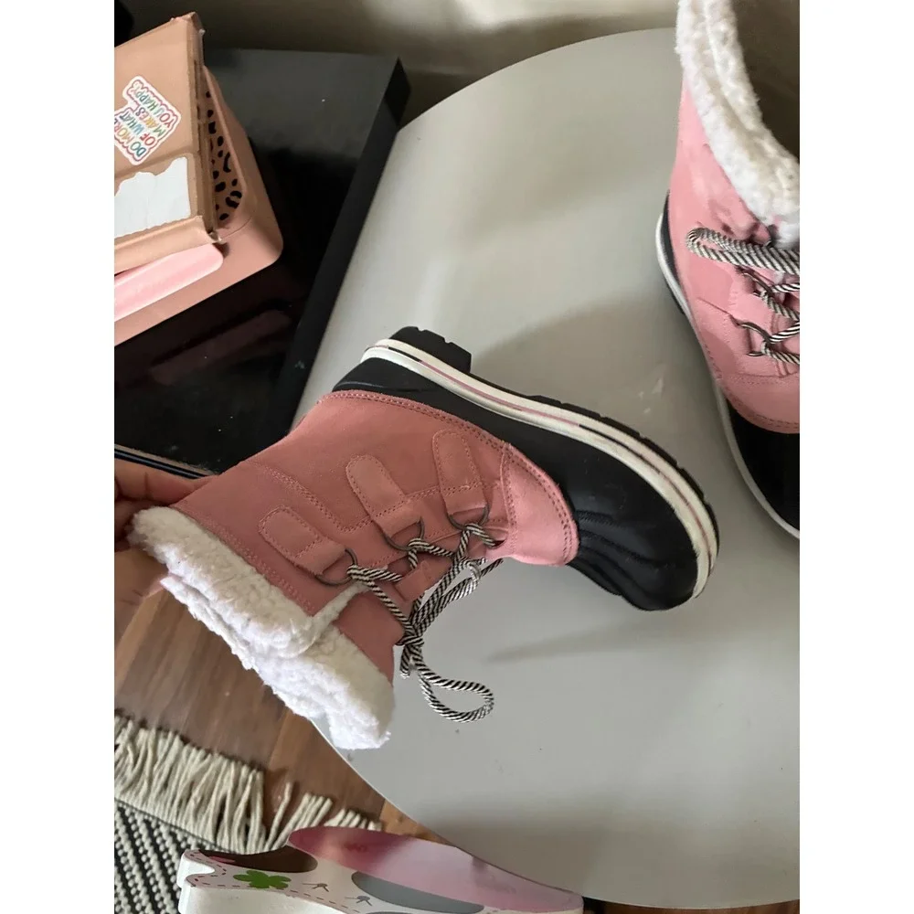 Cat & Jack Girls Pink Black Winter Snow Boots Faux Fur Lined Size 3